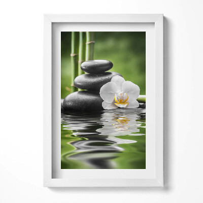 Tablou rama decorativ Zen - pietre de bambus și flori pe apă