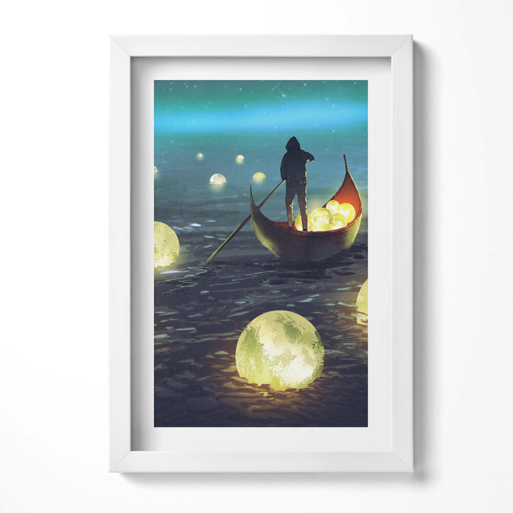 Tablou rama decorativ Ilustrație a bărcilor și a lunilor