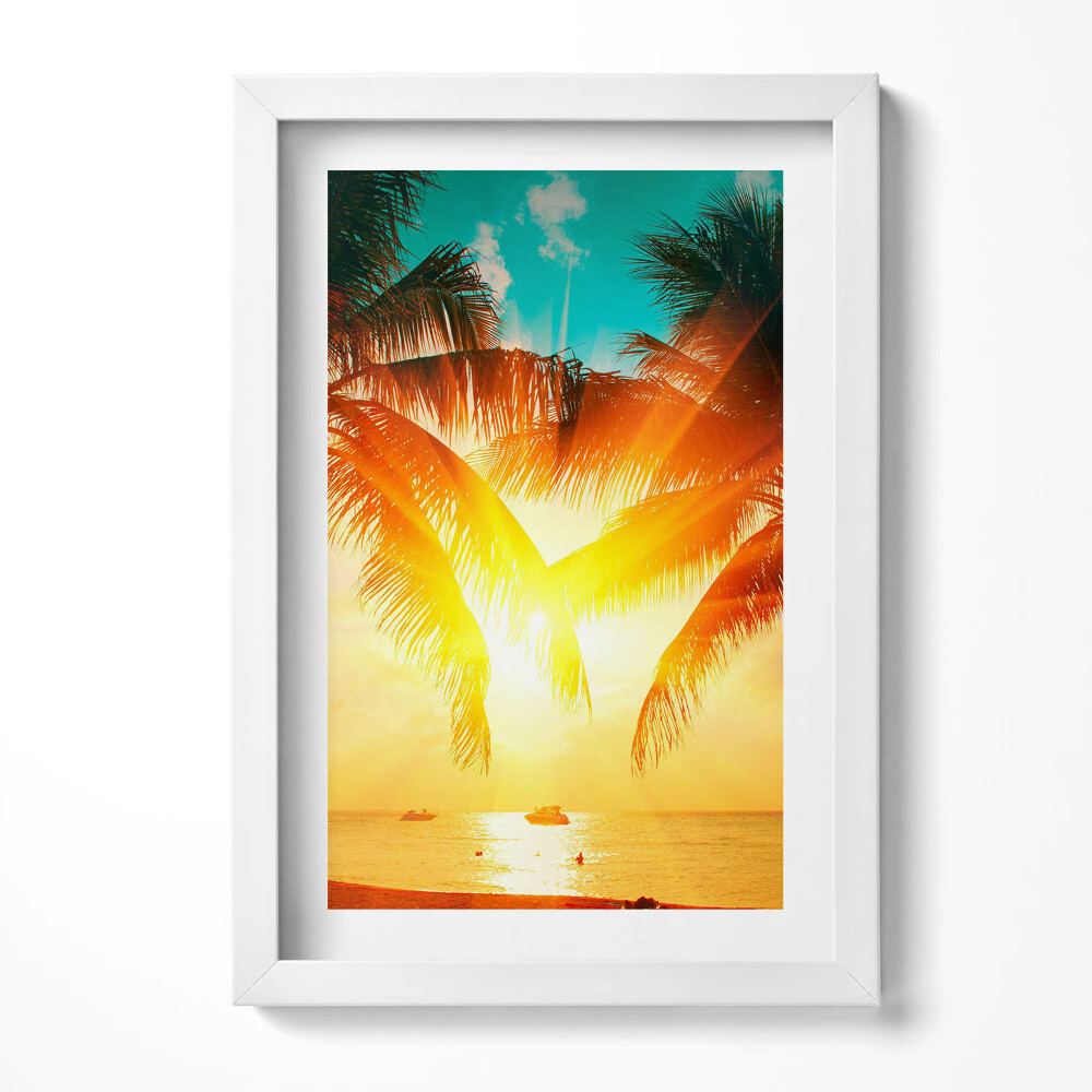Tablou rama decorativ Vedere de vacanță - palmieri la apus