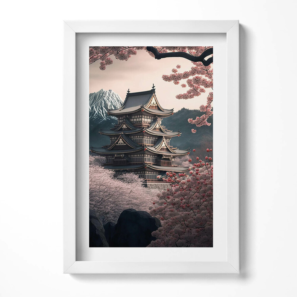 Tablou living cu rama decorativ Turnul Asiatic și Florile de Cireș