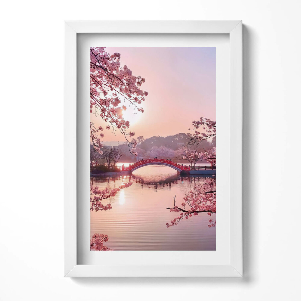 Tablou living cu rama decorativ Flori de cireș și pod - stil japonez