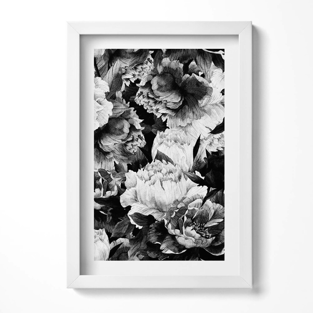 Tablou living cu rama decorativ Bujori cu flori albe și negre