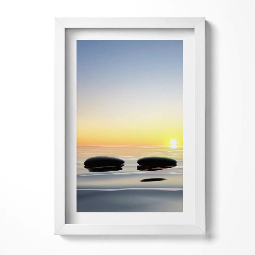 Tablou living cu rama decorativ Pietre pe apă la răsărit - zen