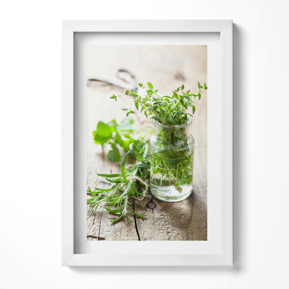 Tablou living cu rama decorativ Ierburi într-un borcan pe lemn