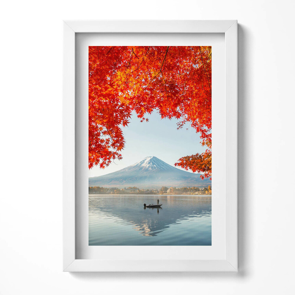 Tablou living cu rama decorativ Peisajul Muntelui Fuji sub copacul roșu