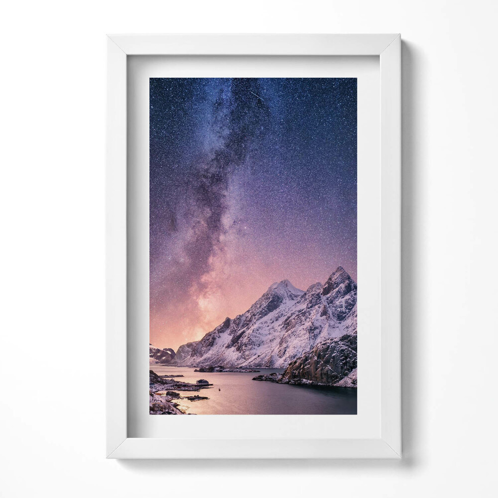 Tablou living cu rama decorativ Aurora și cerul înstelat peste munți