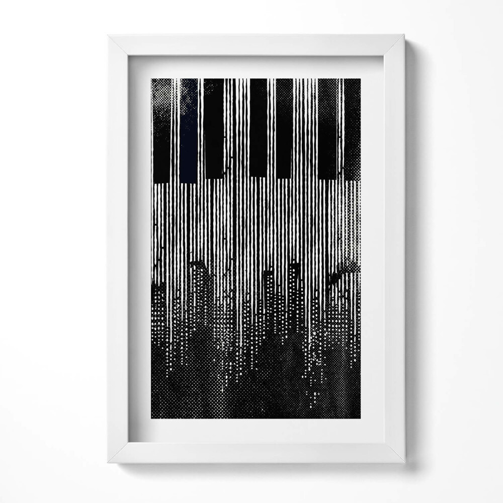 Tablou living cu rama decorativ Ilustrație a unui pian și a unui oraș