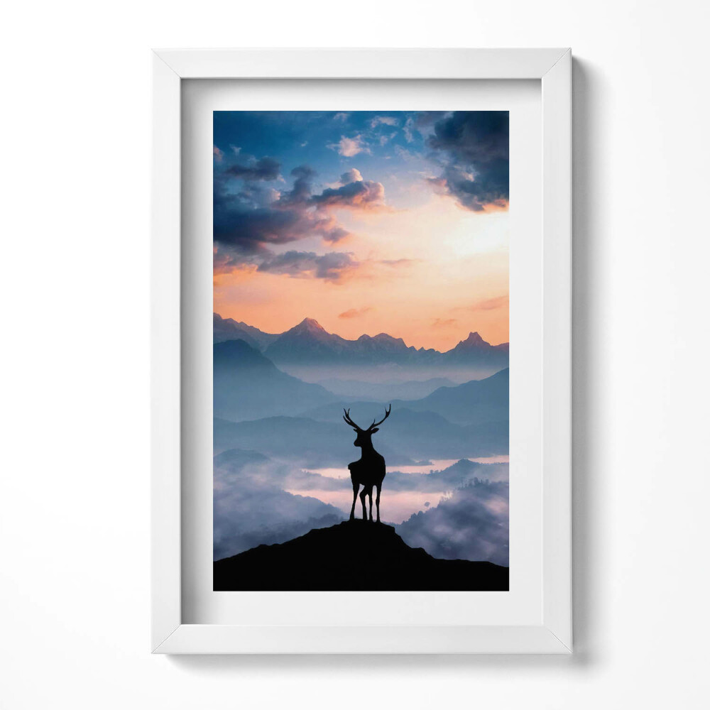 Tablou living cu rama decorativ Cerb pe vârful muntelui