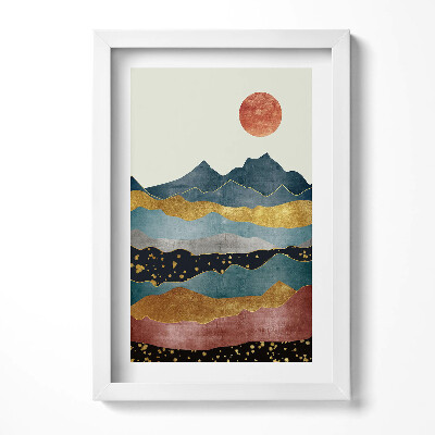 Tablou living cu rama decorativ Peisaj abstract cu munți și soare colorați