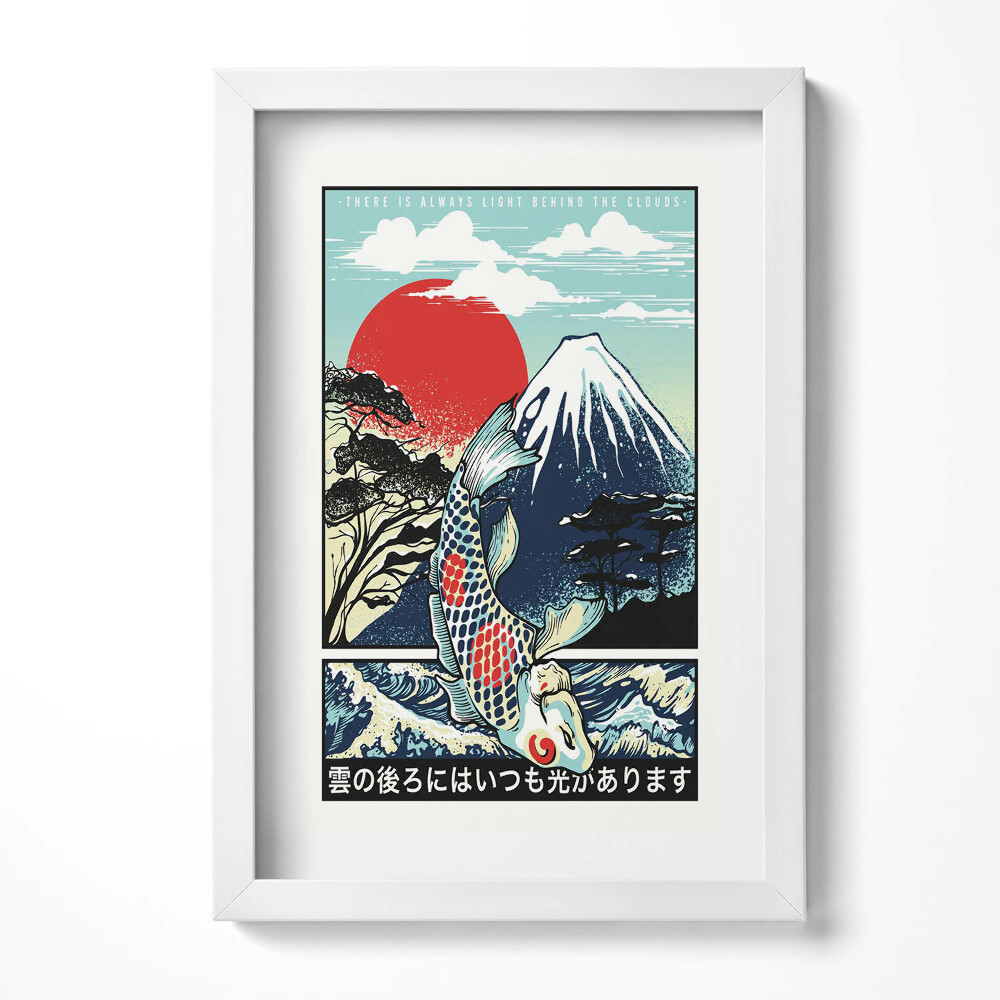 Tablou living cu rama decorativ Ilustrație japoneză a Muntelui Fuji și a peștilor Koi