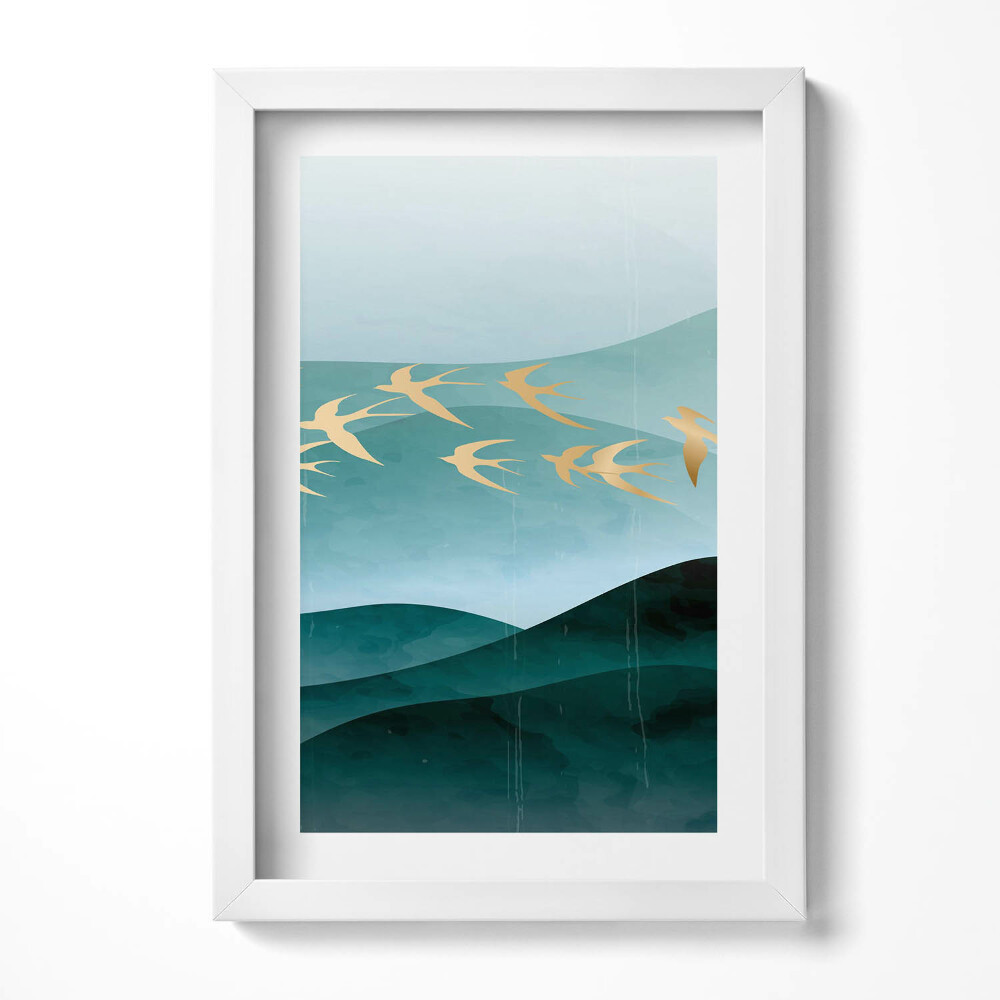 Tablou living cu rama decorativ Ilustrație a păsărilor aurii pe cer