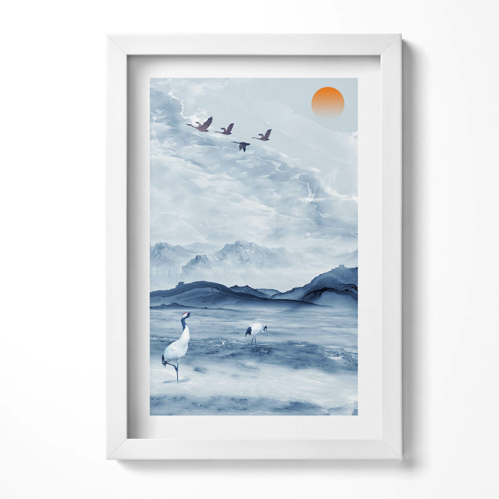 Tablou rama decorativ Peisaj pictat al unui lac și al unor macarale