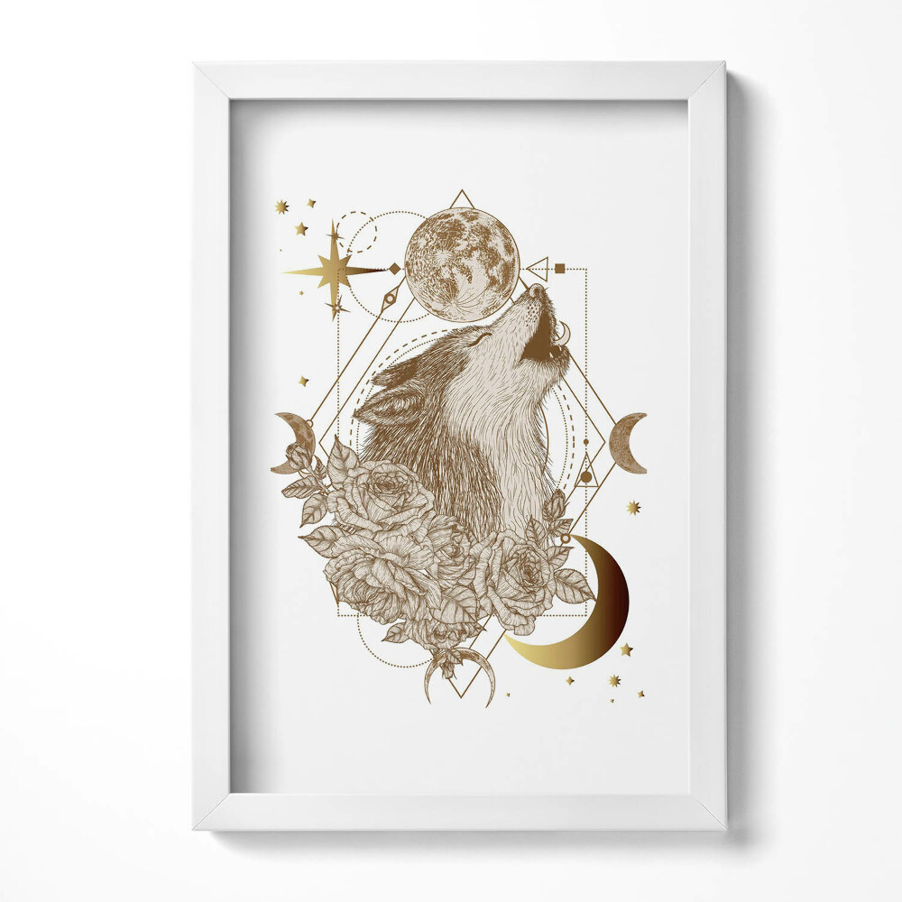 Tablou living cu rama decorativ Compoziție magică de lup cosmos și flori