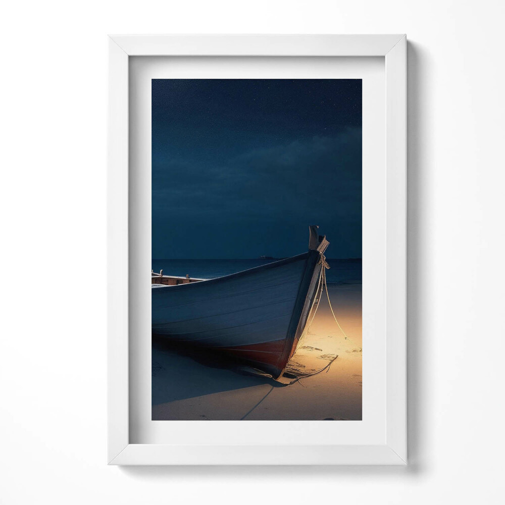 Tablou living cu rama decorativ O barcă pe plajă noaptea