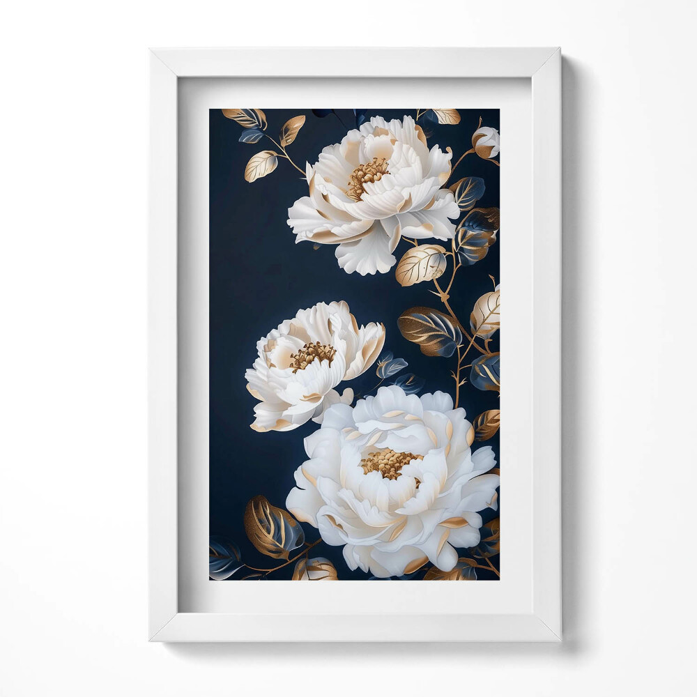 Tablou living cu rama decorativ Flori albe frumoase într-un stil glamour