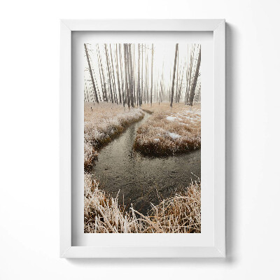 Tablou living cu rama decorativ Râu în pădure iarna