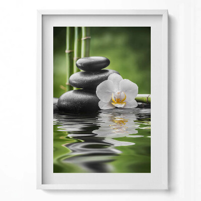 Tablou living cu rama modern Zen - pietre de bambus și flori pe apă