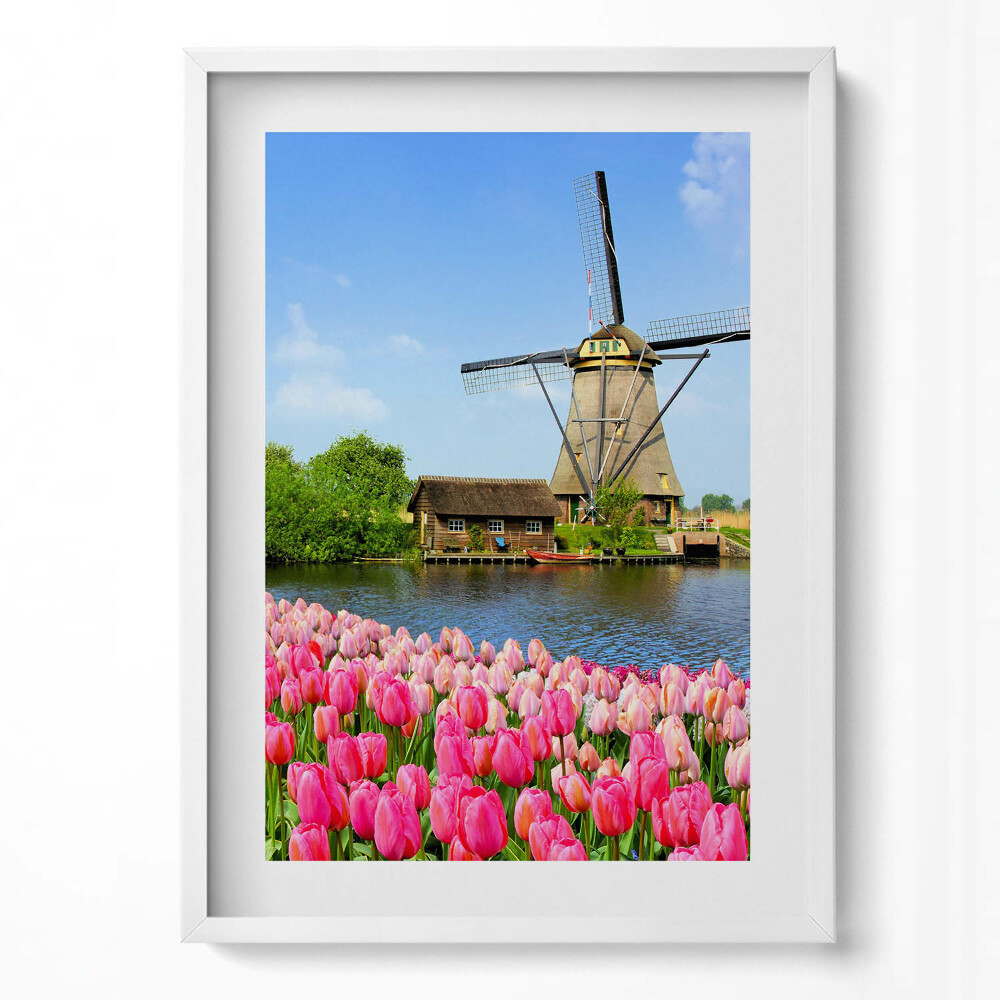 Tablou living cu rama modern Moară de vânt olandeză cu flori