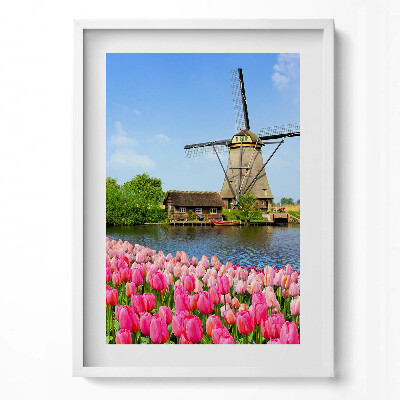 Tablou living cu rama modern Moară de vânt olandeză cu flori