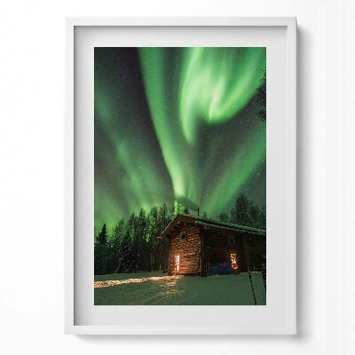 Tablou living cu rama modern Aurora boreală și o căsuță în pădure