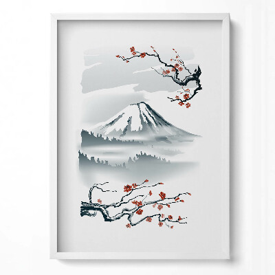 Tablou living cu rama modern Ilustrație japoneză a Muntelui Fuji și a florilor de cireș