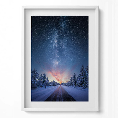 Tablou living cu rama modern Peisaj - drum de iarnă și cer înstelat