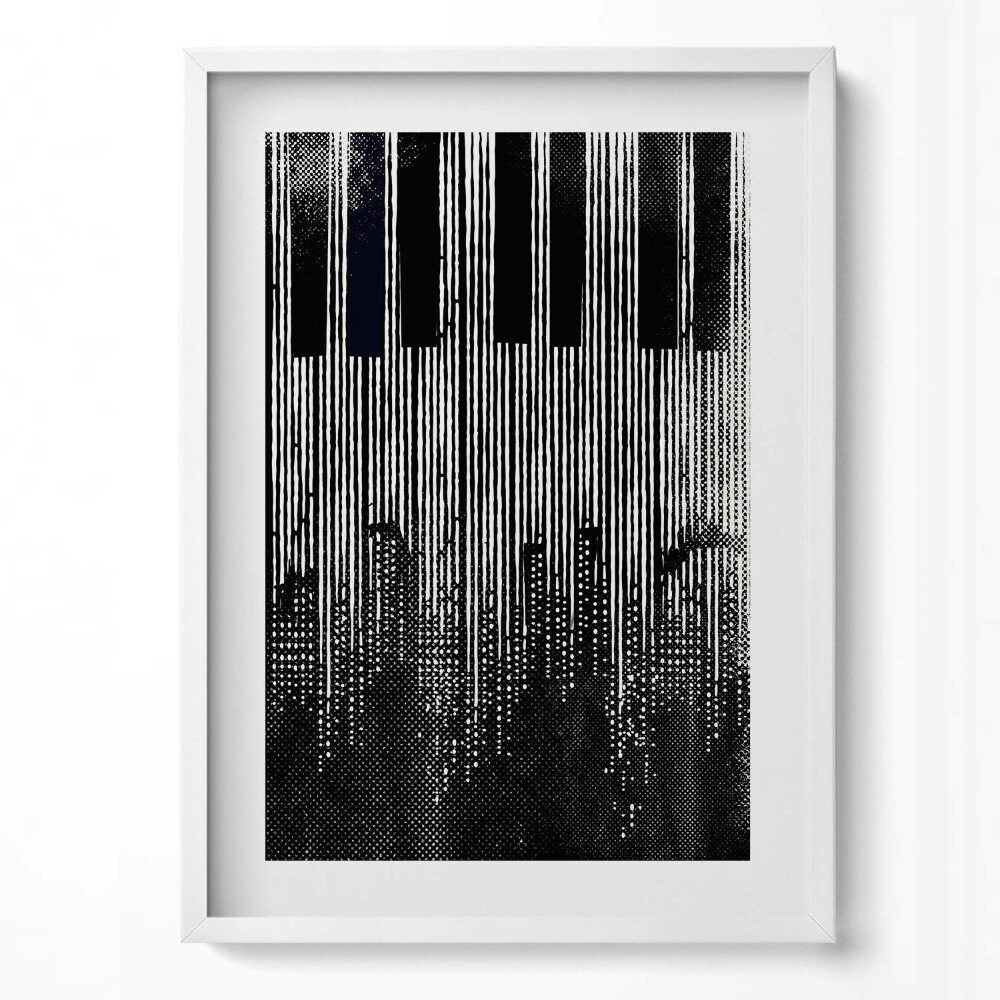 Tablou living cu rama modern Ilustrație a unui pian și a unui oraș