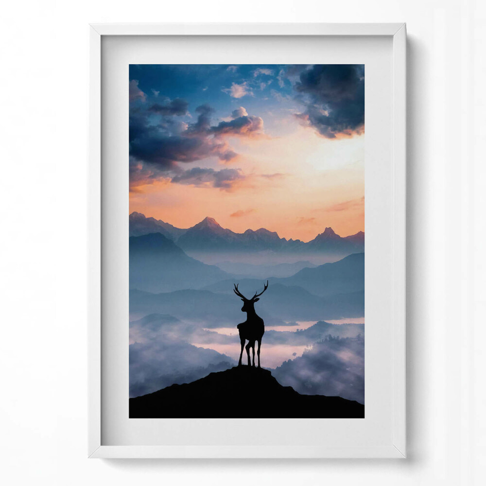 Tablou living cu rama modern Cerb pe vârful muntelui