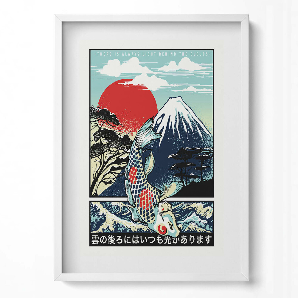 Tablou living cu rama modern Ilustrație japoneză a Muntelui Fuji și a peștilor Koi