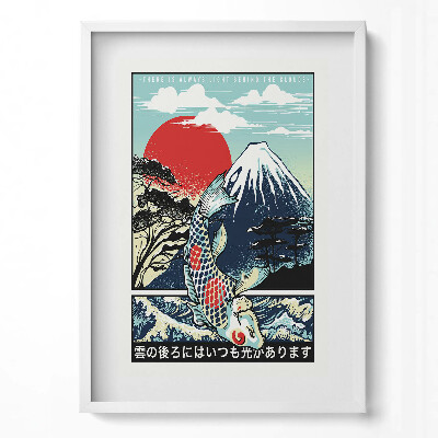 Tablou living cu rama modern Ilustrație japoneză a Muntelui Fuji și a peștilor Koi