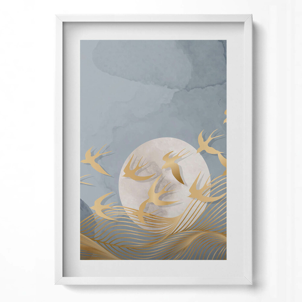 Tablou rama modern Ilustrație a lunii și a păsărilor care zboară