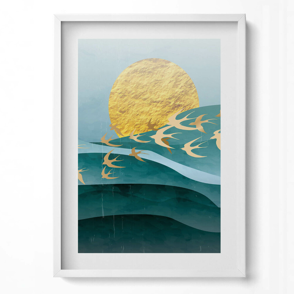 Tablou rama modern Ilustrație a păsărilor aurii pe cer