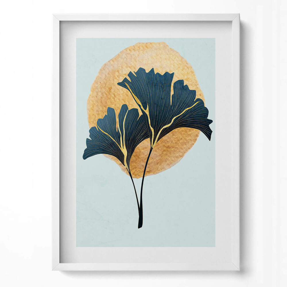 Tablou living cu rama modern Ilustrație cu frunze de ginkgo cu soare auriu