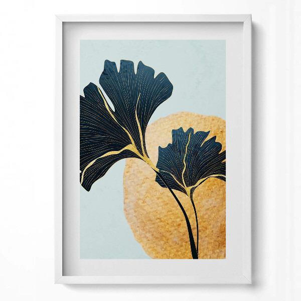Tablou rama modern Ilustrație cu frunze de ginkgo cu soare auriu
