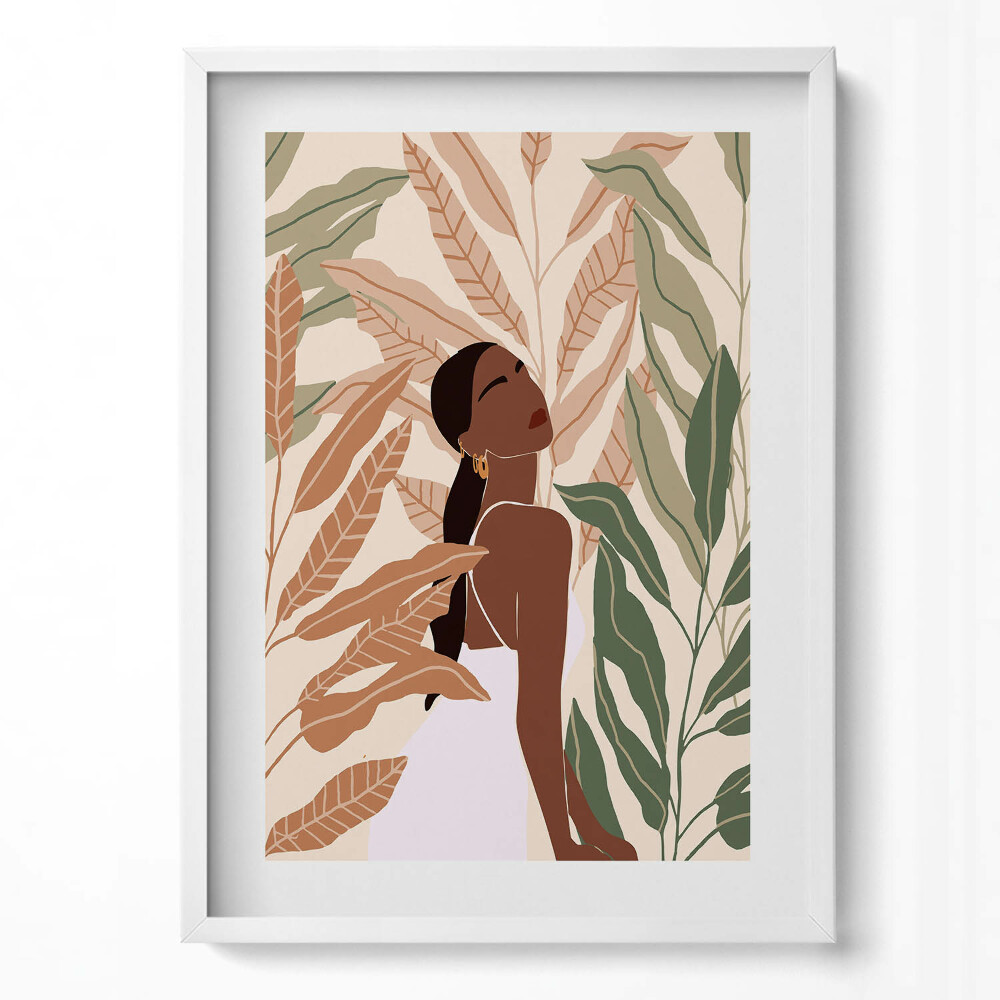 Tablou rama modern Ilustrație a unei femei printre frunze în stil boho