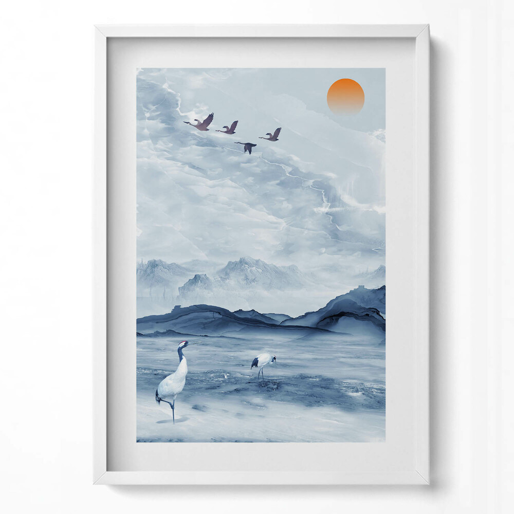 Tablou living cu rama modern Peisaj pictat al unui lac și al unor macarale