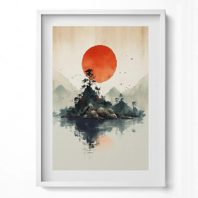 Tablou living cu rama modern Ilustrație japoneză a soarelui peste stânci și copaci