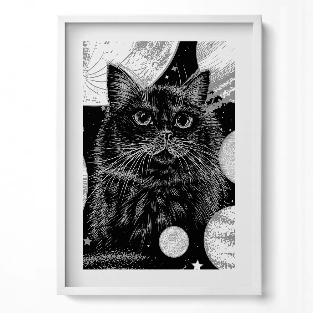 Tablou living cu rama modern Pisica Neagră Magică și Spațiul