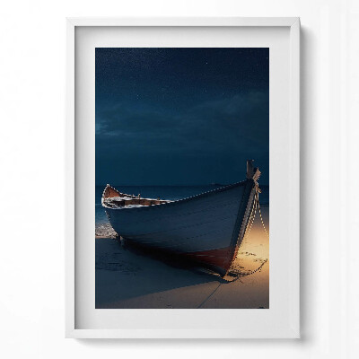 Tablou living cu rama modern O barcă pe plajă noaptea