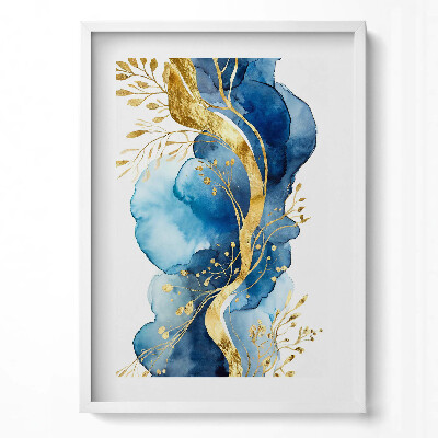 Tablou living cu rama modern Abstractizare a plantelor aurii pe un fundal albastru