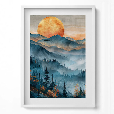 Tablou living cu rama modern Peisaj abstract al soarelui peste munți și păduri