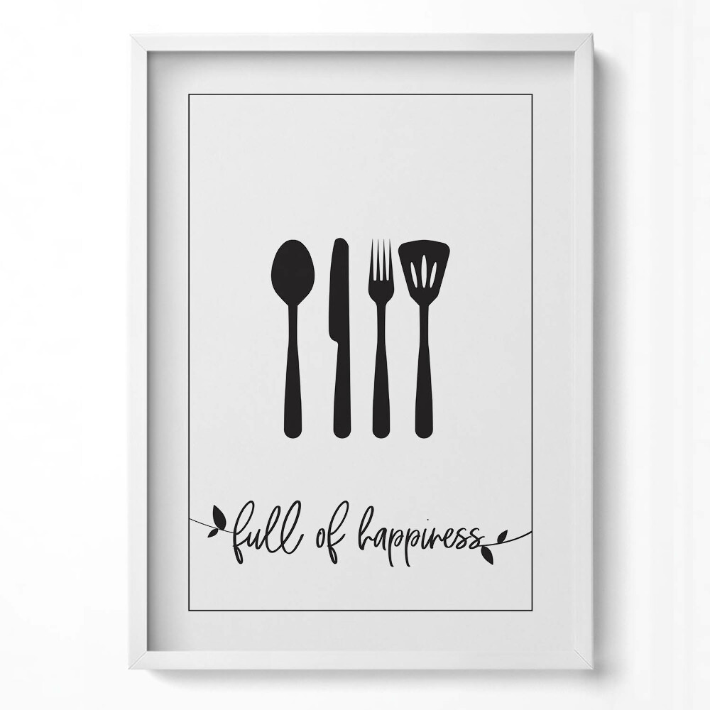 Tablou living cu rama modern „Inscripție pentru bucătărie și sufragerie «plină de fericire»”