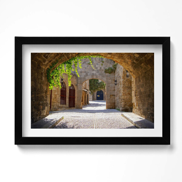 Tablou living cu rama original Strada Medievală Rhodos Grecia