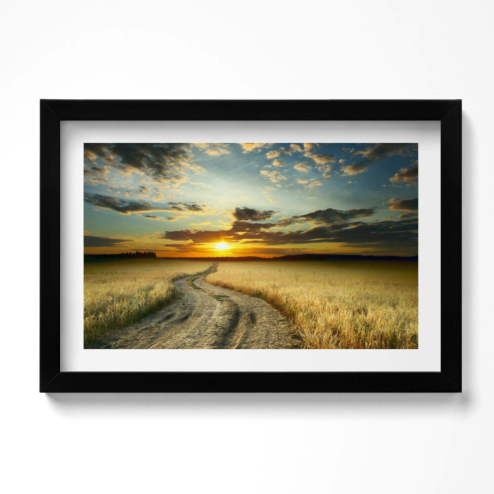 Tablou living cu rama original Drum de pământ și apus de soare