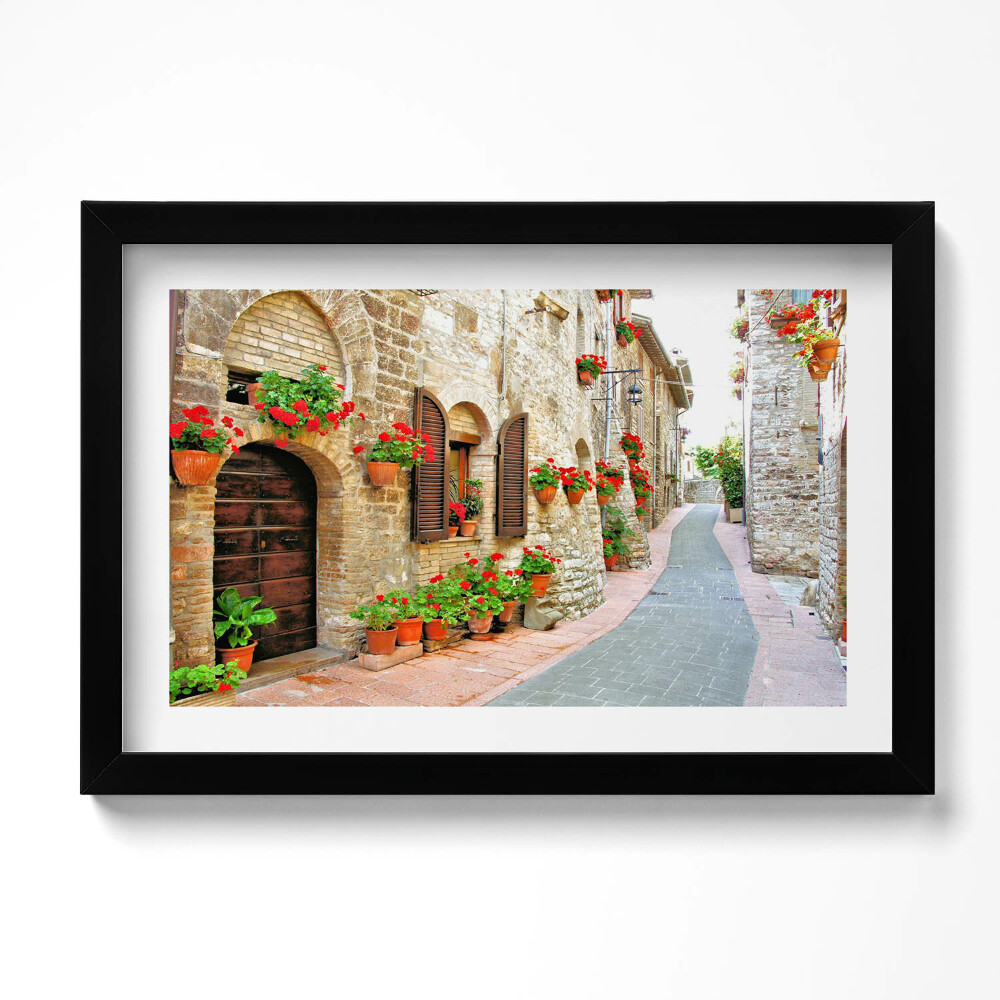 Tablou living cu rama original O stradă pitorească cu flori