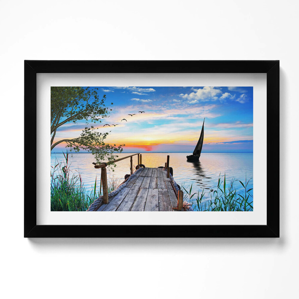 Tablou living cu rama original Barcă cu pânze pe lac