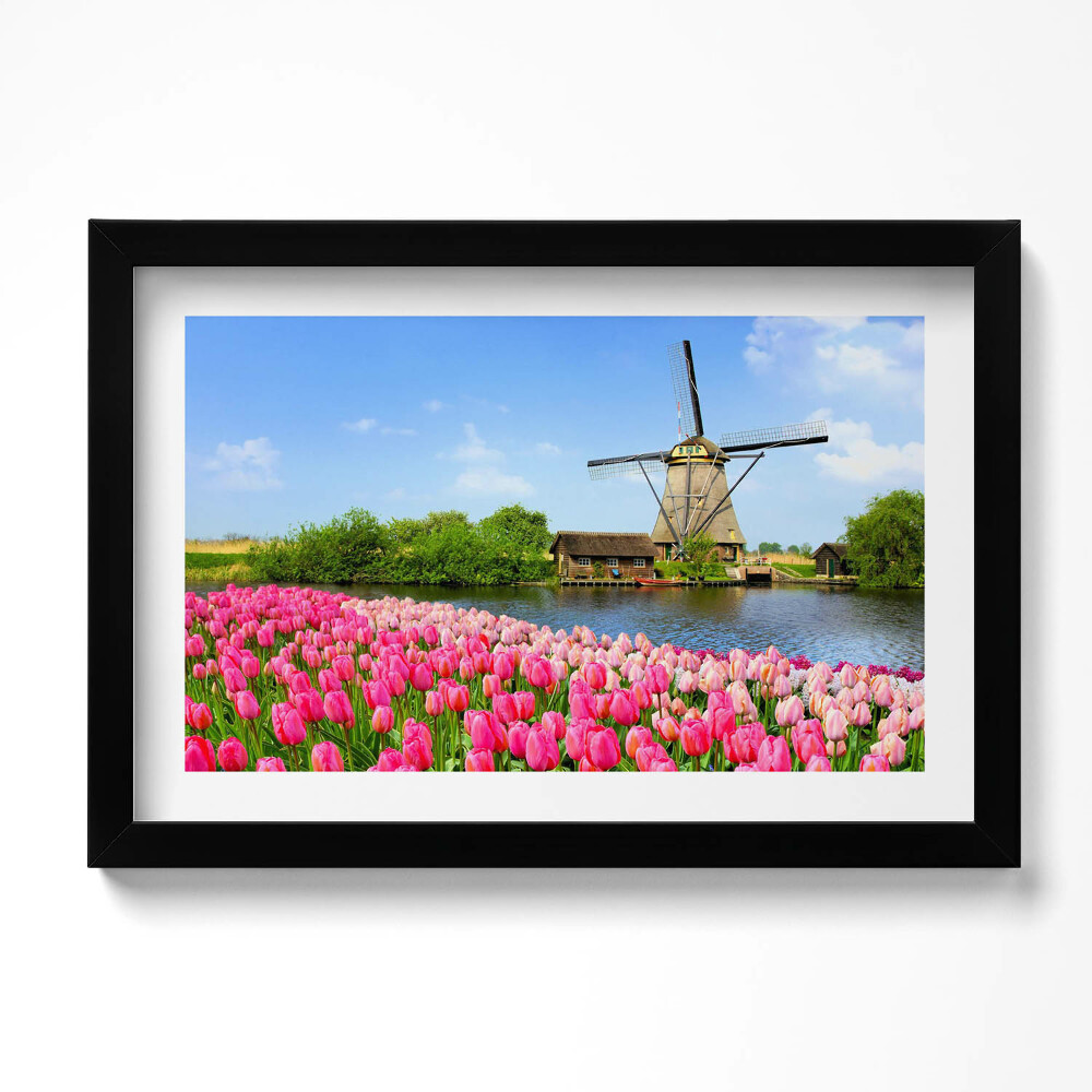 Tablou living cu rama original Moară de vânt olandeză cu flori