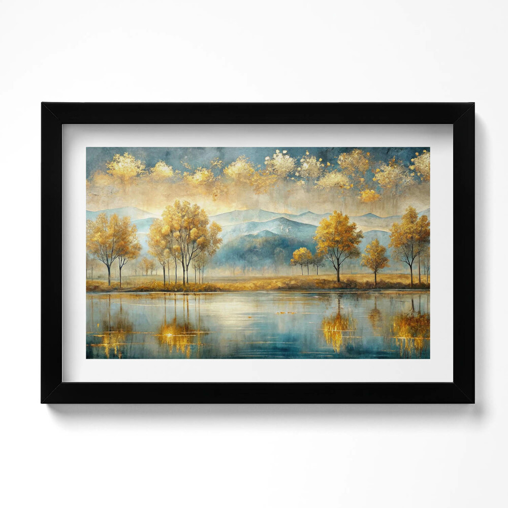 Tablou living cu rama original Peisaj abstract cu copaci aurii lângă lac