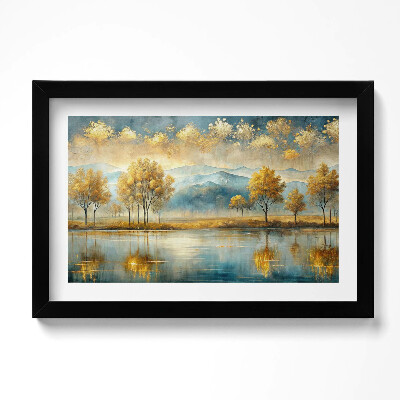 Tablou living cu rama original Peisaj abstract cu copaci aurii lângă lac