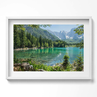 Tablou living cu rama excepţional Peisaj montan al unui lac în pădure